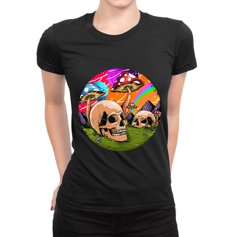 Psychedelic World Hippie Trippy Skull Mushroom Myc Ladies Fitted T-Shirt by spreesgomez | Artistshot