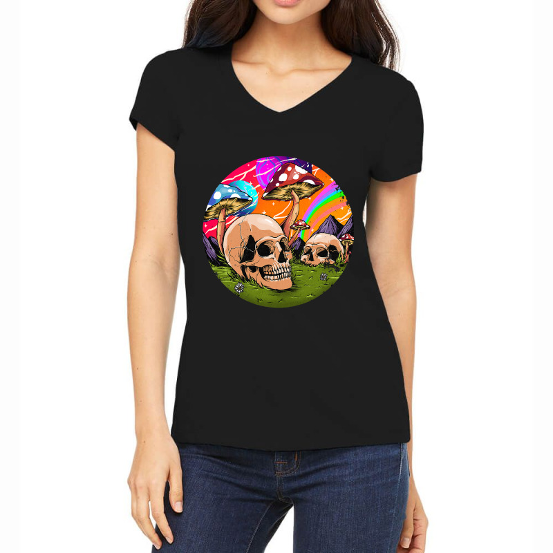 Psychedelic World Hippie Trippy Skull Mushroom Myc Women's V-Neck T-Shirt by spreesgomez | Artistshot