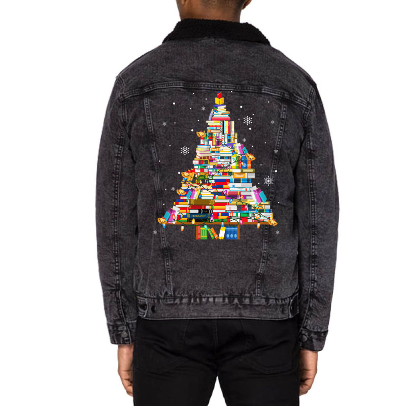 Christmas Library Tree Lights For Librarian And Bo Unisex Sherpa-Lined Denim Jacket by miharax | Artistshot