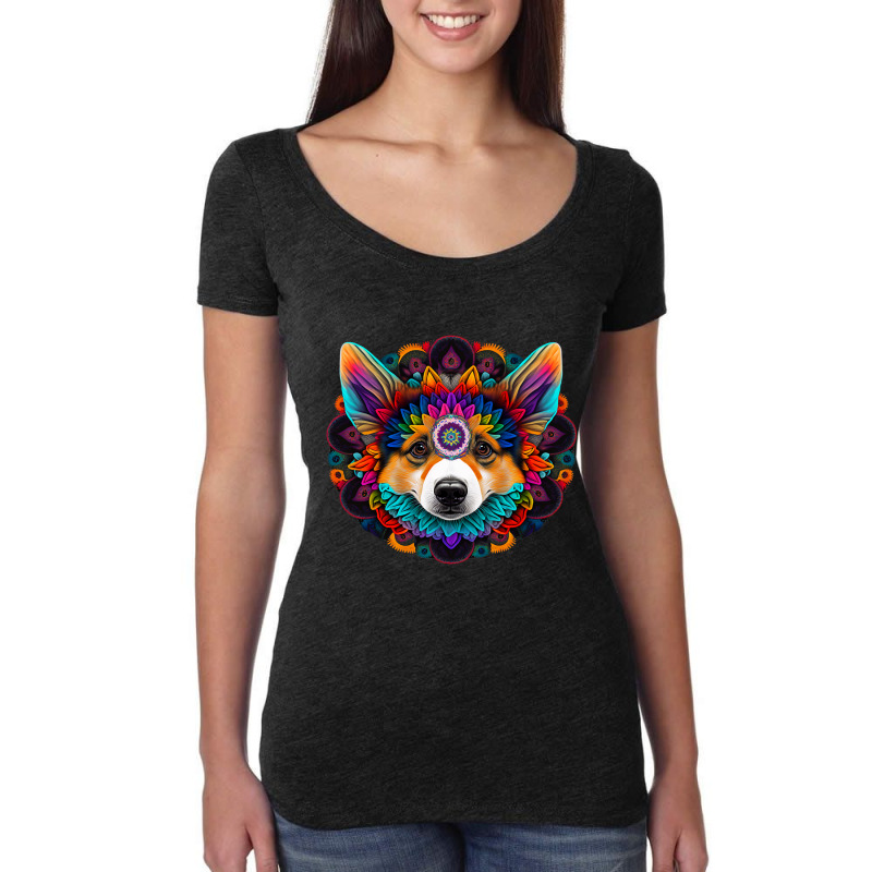 Corgi Dog Face Colorful Mandala Rainbow Yoga Patte Women's Triblend Scoop T-shirt by DEBORAHBOURSSIQUOT | Artistshot