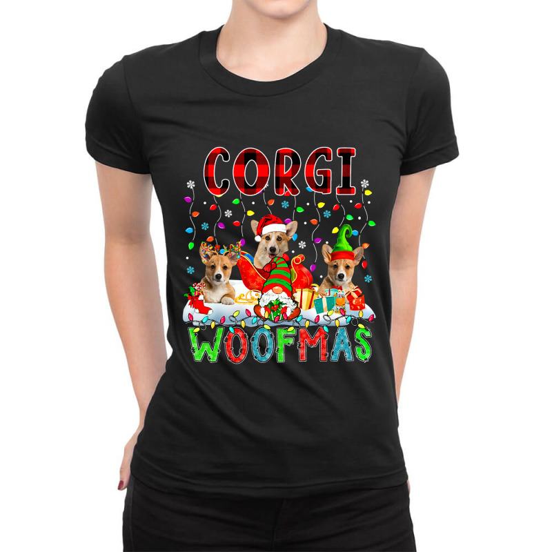 Corgi Xmas Woof Santa Reindeer Elf Corgis With Gno Ladies Fitted T-Shirt by kerrmanthez | Artistshot