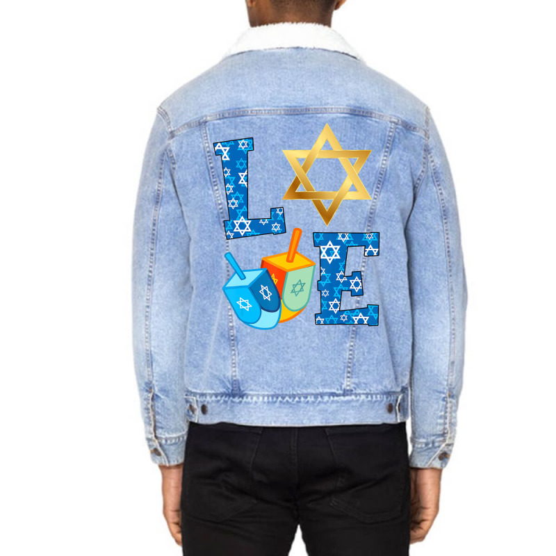 Love Cute Hanukkah Decorations Dreidel Menorah Cha Unisex Sherpa-lined Denim Jacket | Artistshot