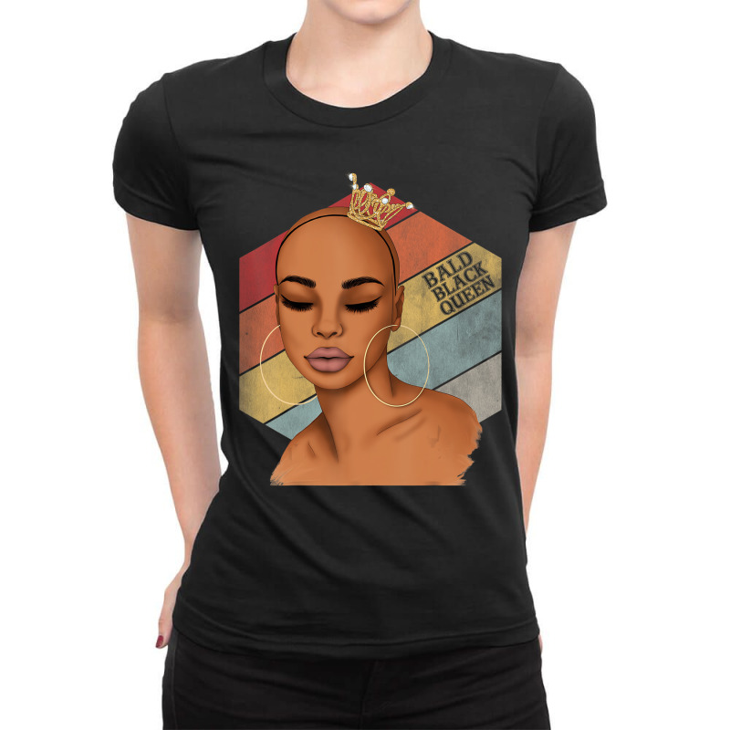 Bald Black Queen Woman Vintage Afro Bald Dark Skin Ladies Fitted T-shirt | Artistshot