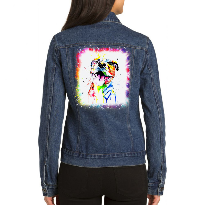 Pit Bull Terrier Dog, Dad Mom Boy Girl Tie Dye Ble Ladies Denim Jacket by africaka | Artistshot