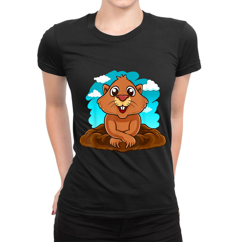 Kids Groundhog Day Boy Girl Cute Marmota Woodchuck Ladies Fitted T-Shirt by ChristinaMarieCavanaugh | Artistshot