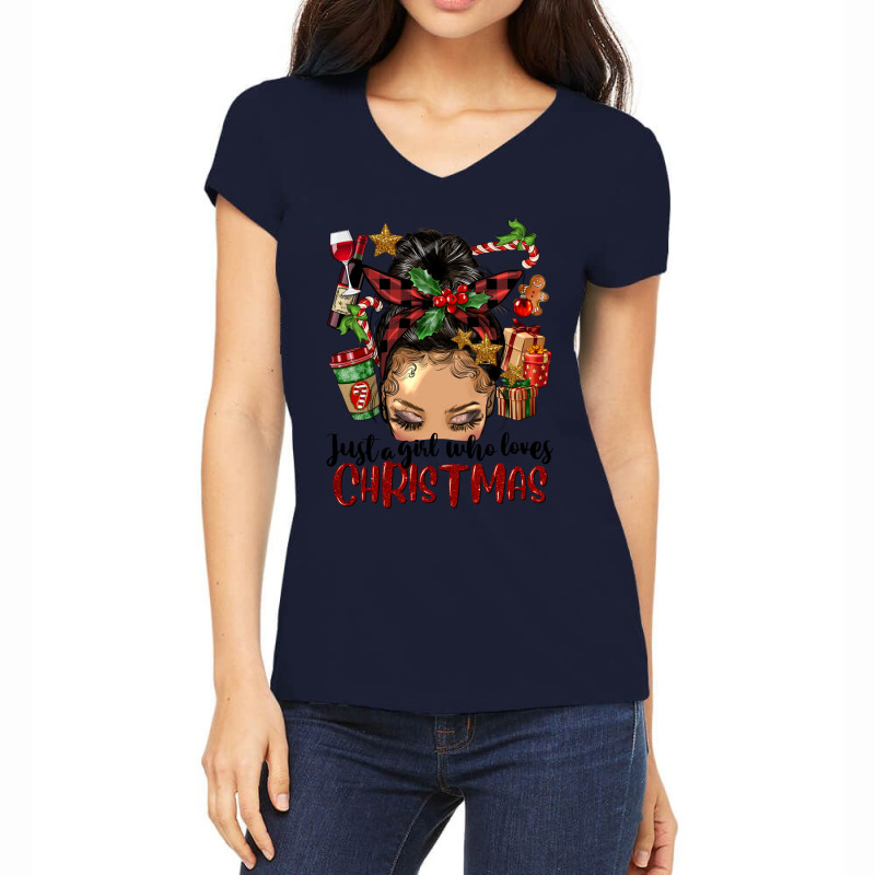 Just A Girl Who Loves Christmas Afro Messy Bun Lig Women's V-neck T-shirt | Artistshot