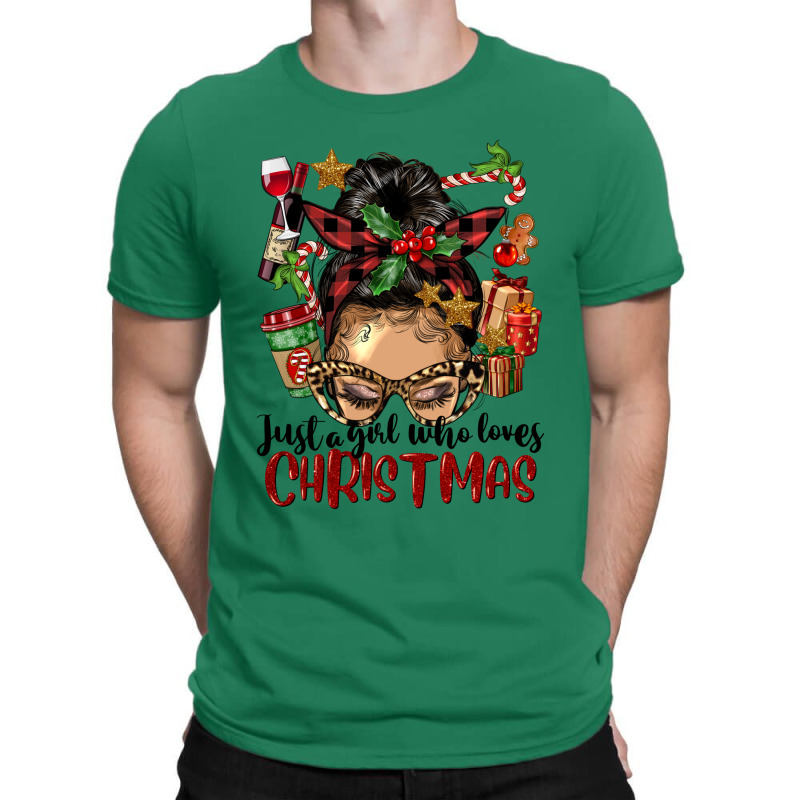 Just A Girl Who Loves Christmas Afro Messy Bun Lig T-shirt | Artistshot