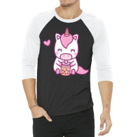 Cute Little Unicorn Loves Drinking Boba Tea Music 3/4 Sleeve Shirt | Artistshot