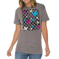 Butterfly Checkerboard Dark Version Blue Vintage T-shirt | Artistshot