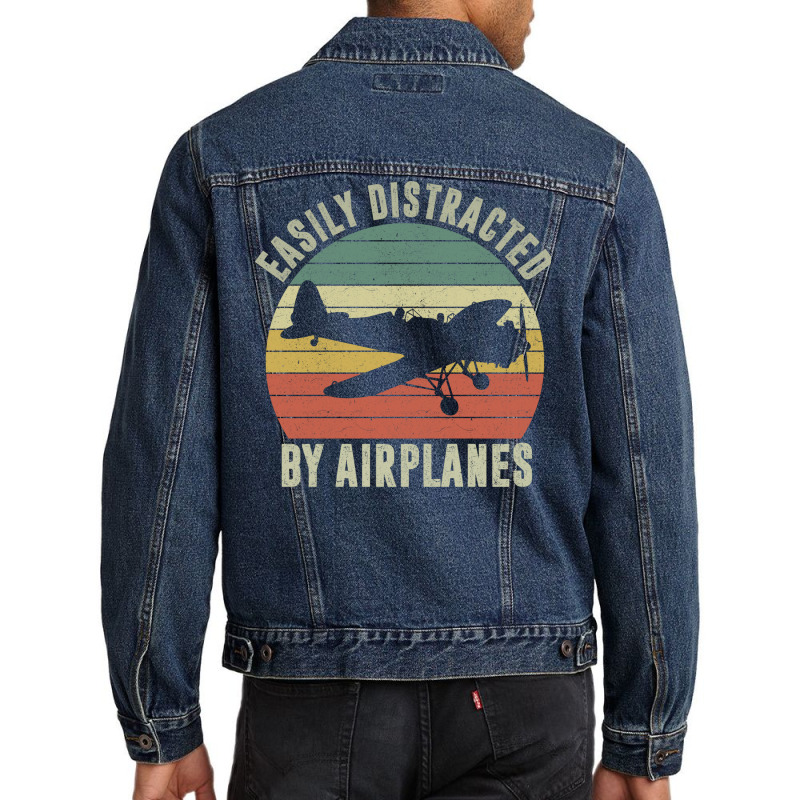 Easily Distracted By Airplanes Humor Men Denim Jacket | Artistshot