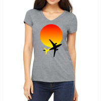 Minimalist Airplane And Sunset Silhouette Hipster Women's V-neck T-shirt | Artistshot