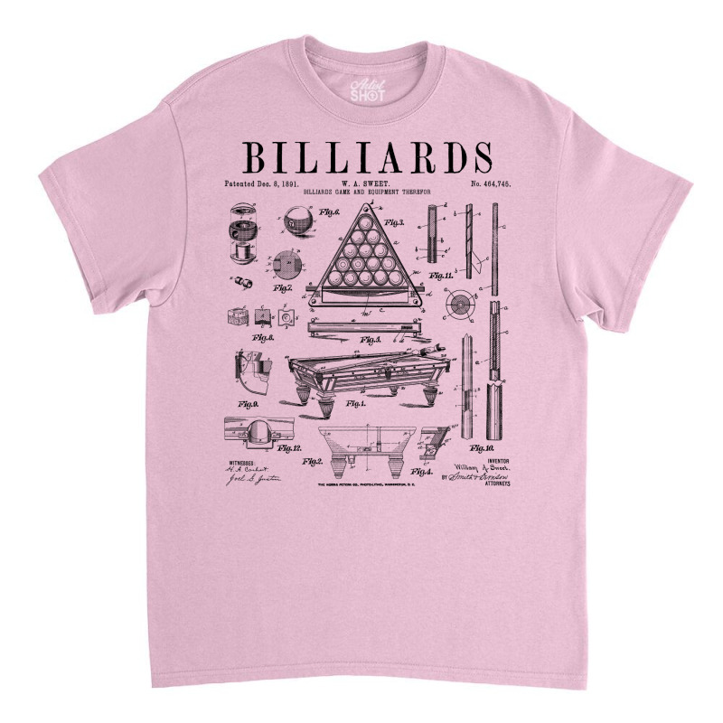 Billiards Table Pool Cue Ball Vintage Patent Drawi Classic T-shirt by sliwkahedden7 | Artistshot