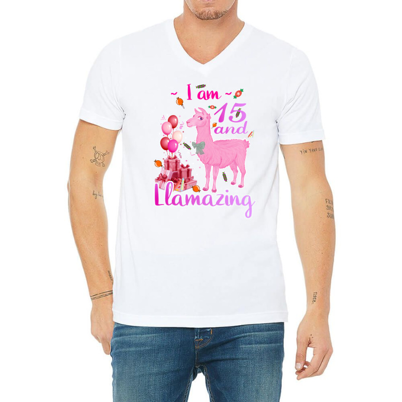 I Am 15 Years Old And Llamazing 15th Llama Birthda V-neck Tee | Artistshot