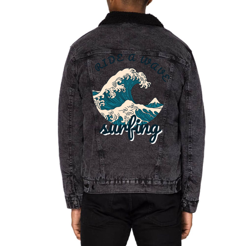 Ride A Wave Surfing Aesthetic Unisex Sherpa-Lined Denim Jacket by blumenrubanq | Artistshot