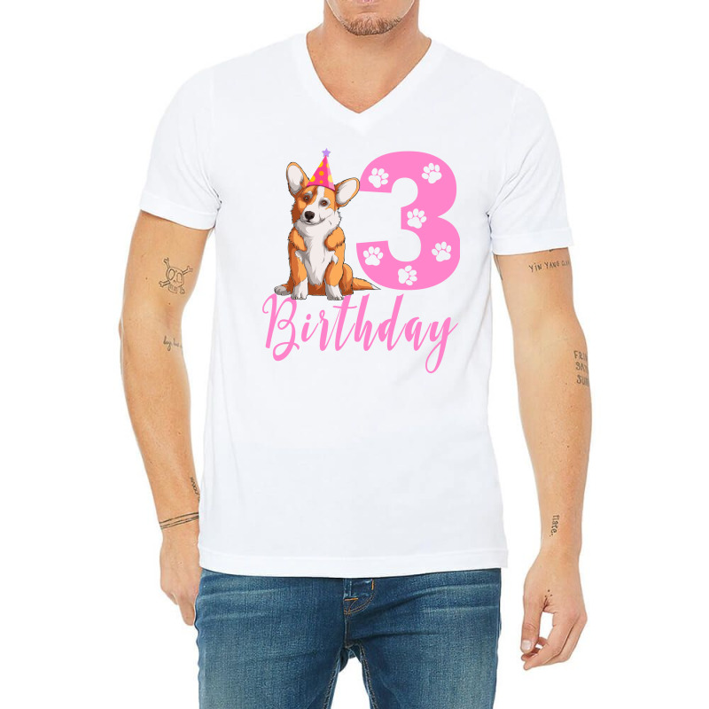 3th Birthday Corgi Blue V-neck Tee | Artistshot