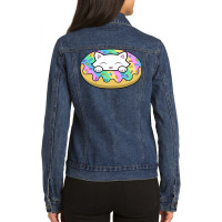 Cute White Kitten Eating A Yummy Looking Rainbow D Ladies Denim Jacket | Artistshot