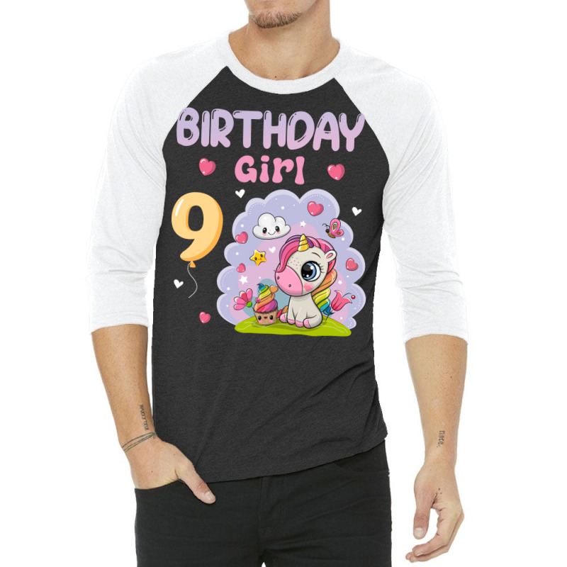 Cute Unicorn 9th Birthday Girl Blue 3/4 Sleeve Shirt | Artistshot