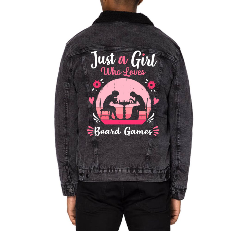 Just A Girl Who Loves Board Games Pink Retro Vinta Unisex Sherpa-lined Denim Jacket | Artistshot