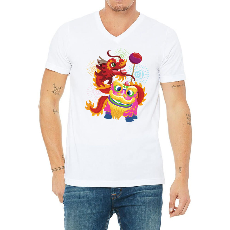 Lion And Dragon Dance V-Neck Tee by akinwanaroa4 | Artistshot