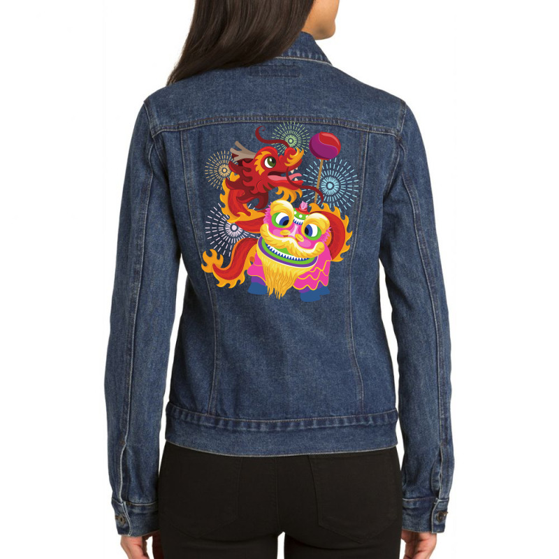 Lion And Dragon Dance Ladies Denim Jacket by akinwanaroa4 | Artistshot