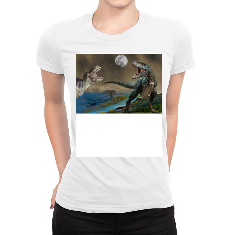 Dinosaurs Fighting Under The Moon Funny Ladies Fitted T-Shirt by gounevsaemahc | Artistshot