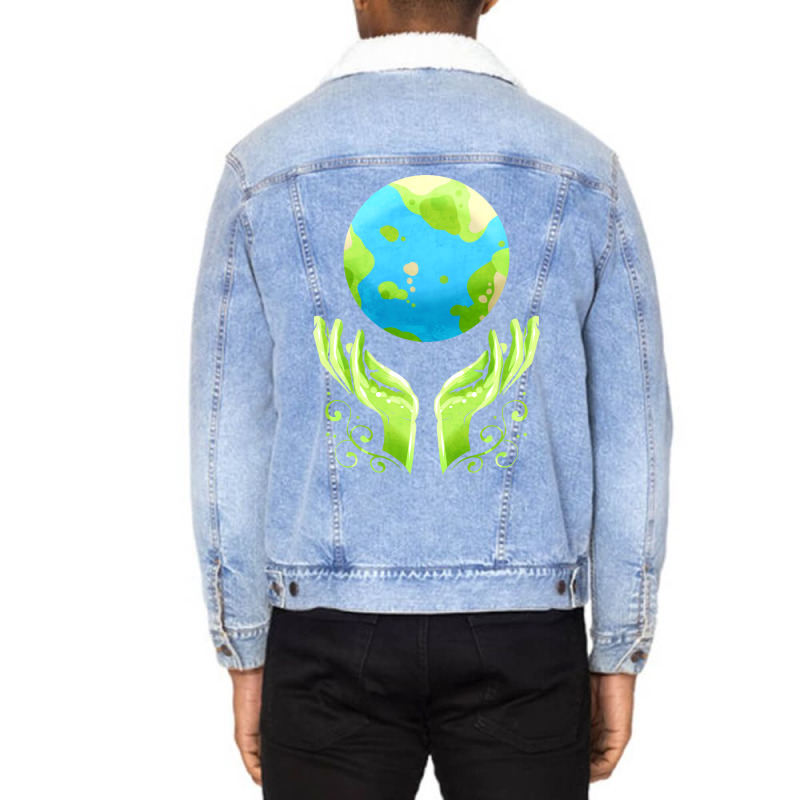 Two Hands Holding The Earth For Earth Day Travel Unisex Sherpa-Lined Denim Jacket by kosicnarwarw | Artistshot