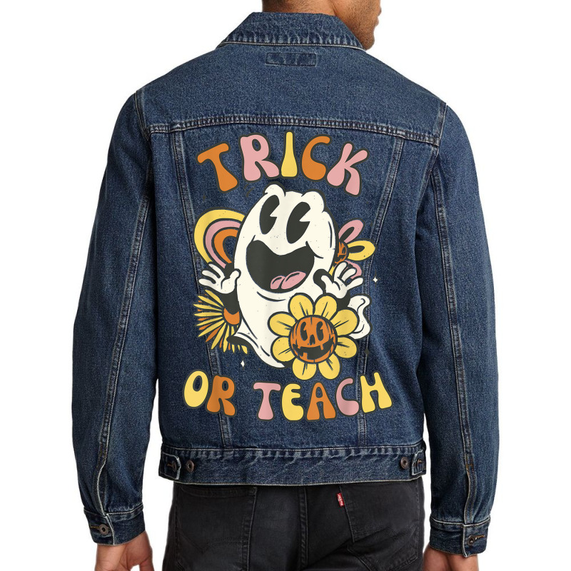 Trick Or Teach Groovy Halloween Floral Ghost 60s 7 Men Denim Jacket by Newart | Artistshot