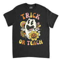 Trick Or Teach Groovy Halloween Floral Ghost 60s 7 Classic T-shirt | Artistshot