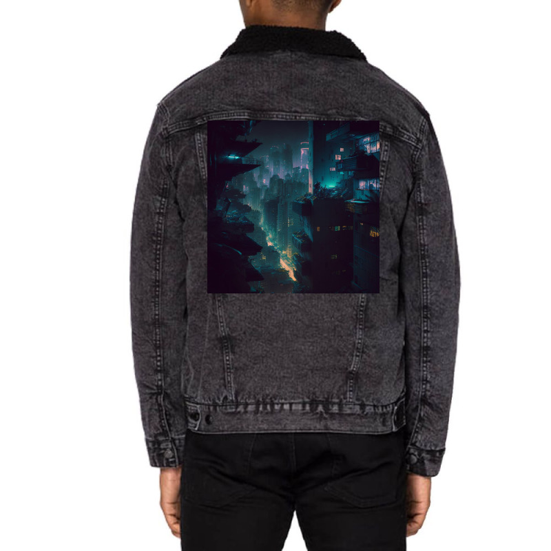 The Dark City Xi Unisex Sherpa-Lined Denim Jacket by Haven Treasures | Artistshot