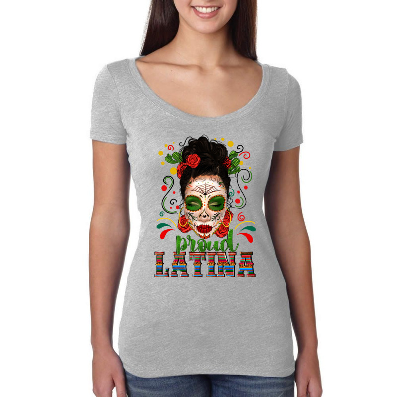 Proud Latina Skull Girl Messy Bun Women's Triblend Scoop T-shirt by enoddigitalart@gmail.com | Artistshot