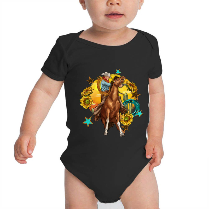 Bucking Horse With Cowboy And Sunflower Baby Bodysuit by enoddigitalart@gmail.com | Artistshot