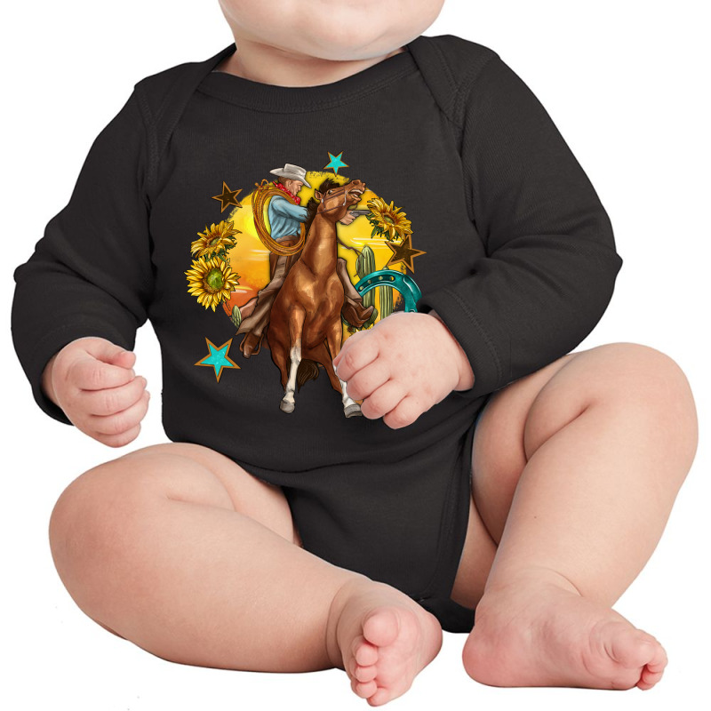 Bucking Horse With Cowboy And Sunflower Long Sleeve Baby Bodysuit by enoddigitalart@gmail.com | Artistshot