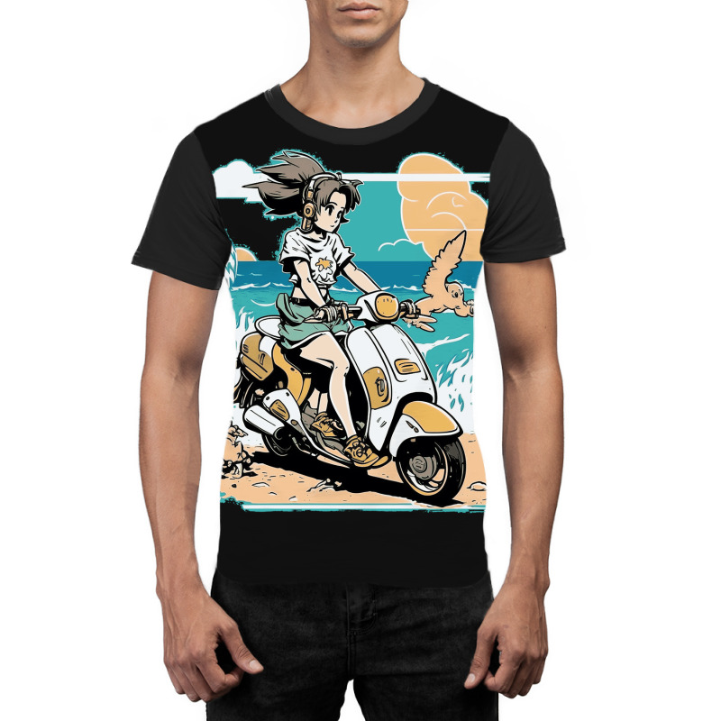 Anime Girl Riding Scooter In Beach Graphic T-shirt | Artistshot