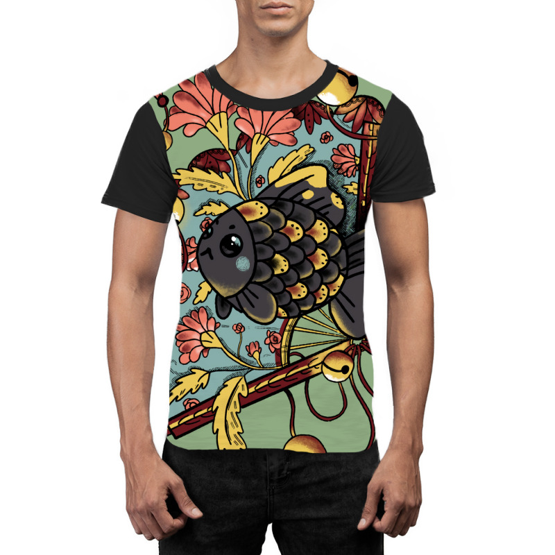 Asian Goldfish With Fan And Pink Flowers Red Graphic T-shirt by sbusiozald | Artistshot