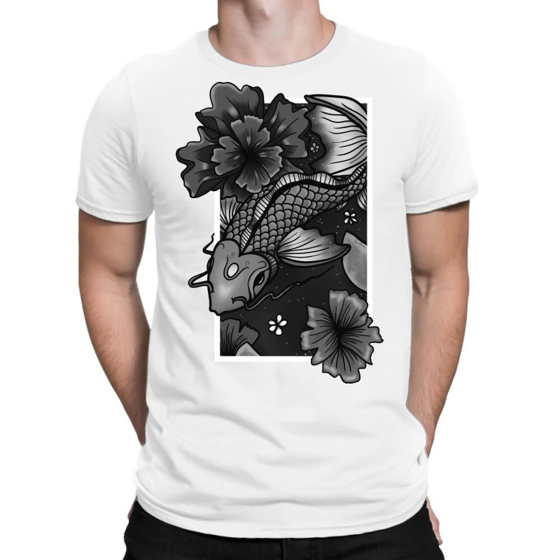 Koi Fish Gliding Through Water And Flowers Grey Ed T-shirt | Artistshot