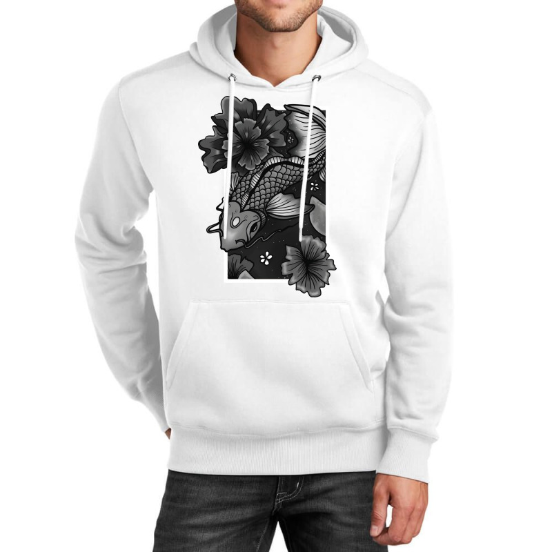 Koi Fish Gliding Through Water And Flowers Grey Ed Unisex Hoodie | Artistshot