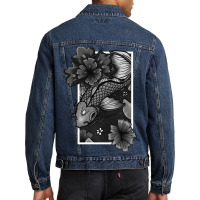 Koi Fish Gliding Through Water And Flowers Grey Ed Men Denim Jacket | Artistshot