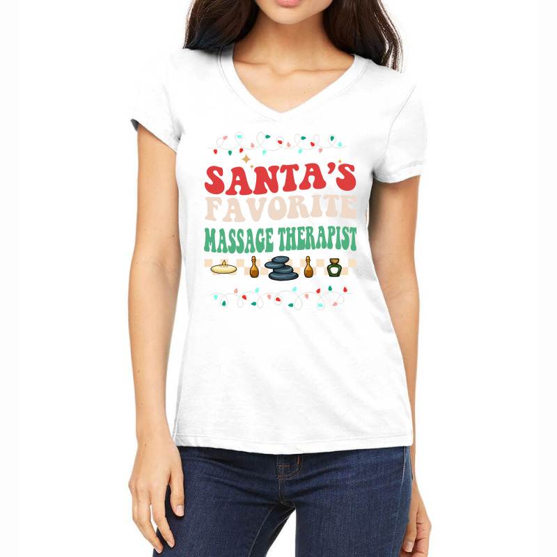 Funny Santas Favorite Massage Therapist Groovy Chr Women's V-Neck T-Shirt by piedtneimane | Artistshot