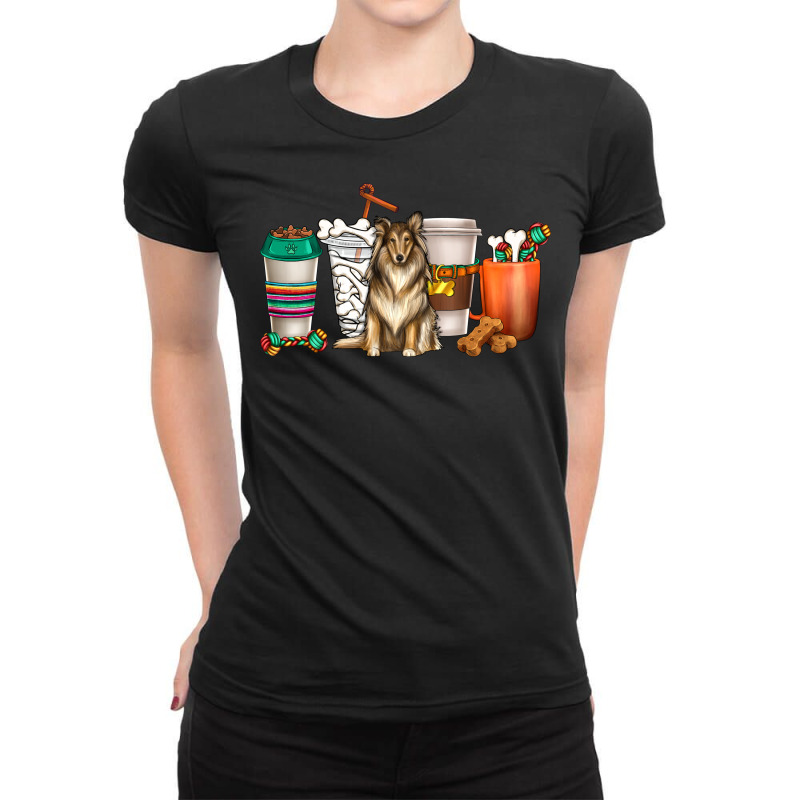 Collie Dog Coffee Cups Ladies Fitted T-Shirt by enoddigitalart@gmail.com | Artistshot