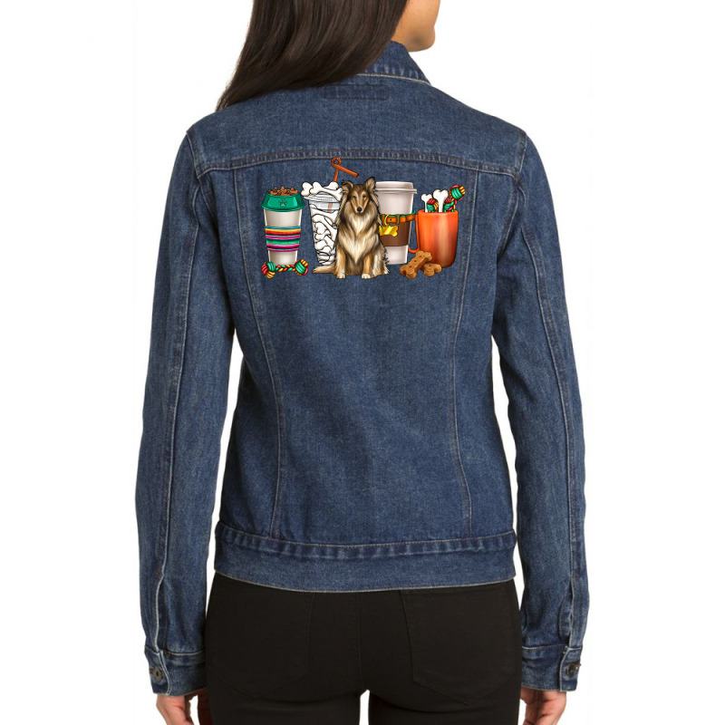 Collie Dog Coffee Cups Ladies Denim Jacket by enoddigitalart@gmail.com | Artistshot