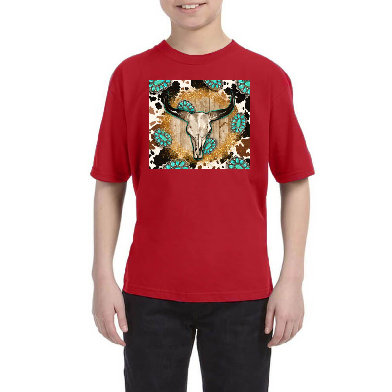 Western Bull Skull Wit Cowhide And Gemstone Youth Tee | Artistshot