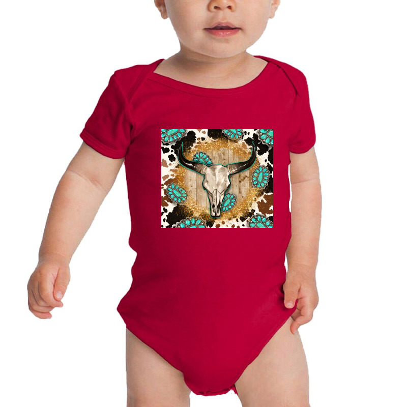 Western Bull Skull Wit Cowhide And Gemstone Baby Bodysuit | Artistshot