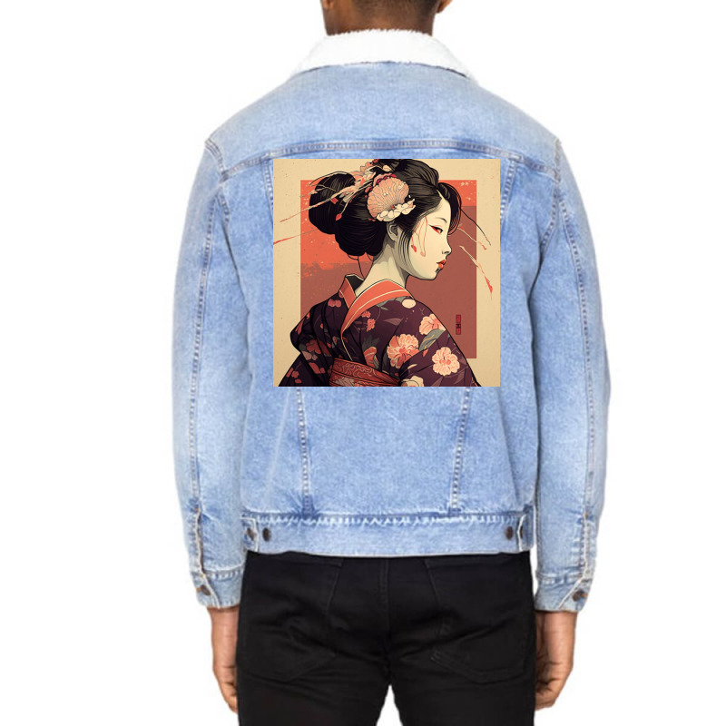 Japanese Women Looks At Camera Unisex Sherpa-Lined Denim Jacket by Haven Treasures | Artistshot