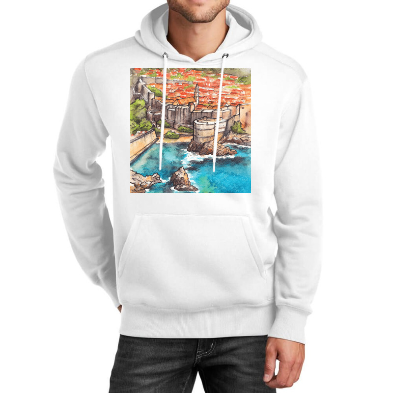 Dubrovnik Croatia   Ink And Watercolor Illustratio Unisex Hoodie by alcapethaty | Artistshot