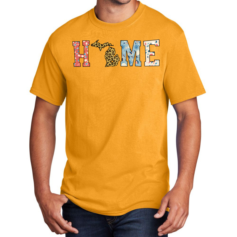 Home State Michigan Map With Floral Pattern And Leopard Texture Basic T-shirt | Artistshot