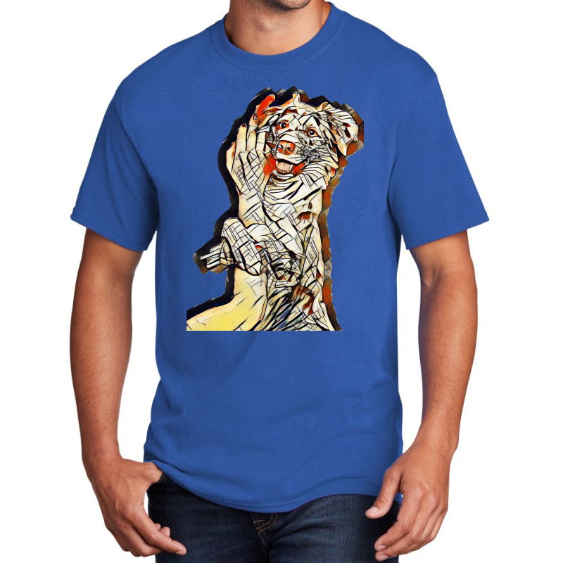 Beautiful Dog Smiling Embracing Girl's Arm. Australian Shepherd Basic T-shirt by Kemnabi | Artistshot