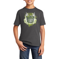 A Monster That’s Coming Out A Drum Set On A Vibrant Green Background Basic Youth T-shirt | Artistshot