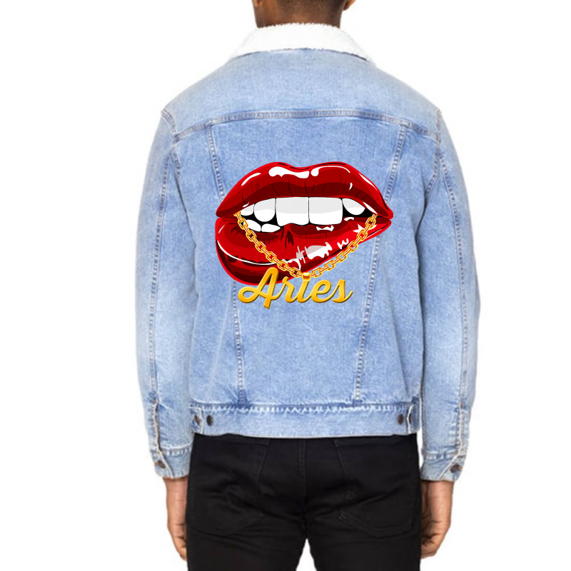 Aries Girl Juicy Lips Gold Chain Astrology Zodiac  Unisex Sherpa-Lined Denim Jacket by CalliopEasley | Artistshot