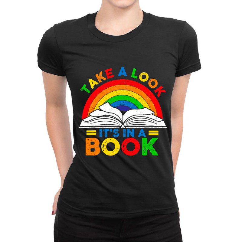 Retro Rainbow Take A Look Its In A Book Reading Bo Ladies Fitted T-Shirt by LilahHutchinson | Artistshot