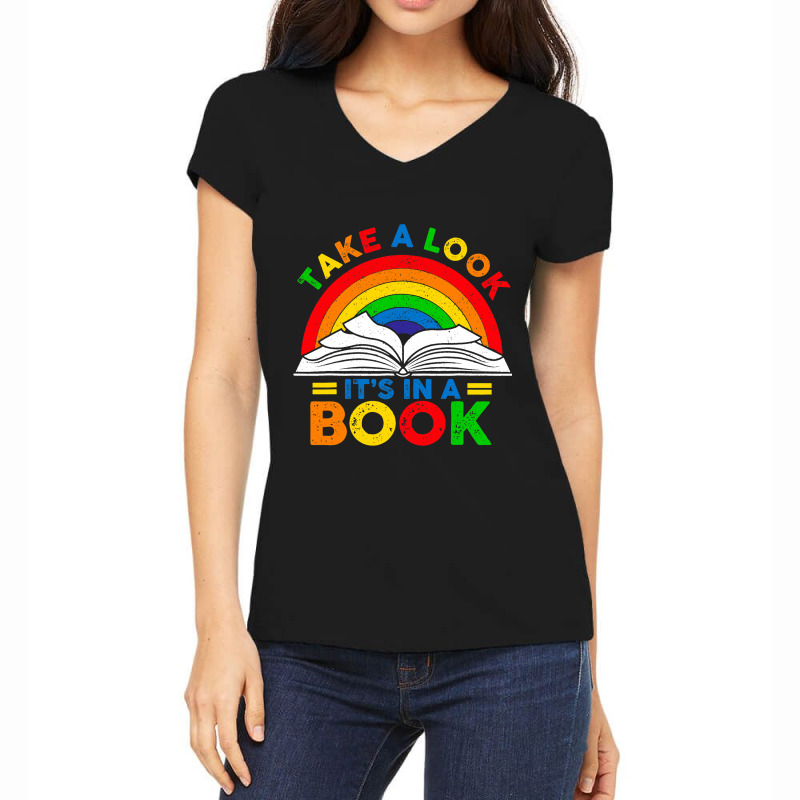 Retro Rainbow Take A Look Its In A Book Reading Bo Women's V-Neck T-Shirt by LilahHutchinson | Artistshot